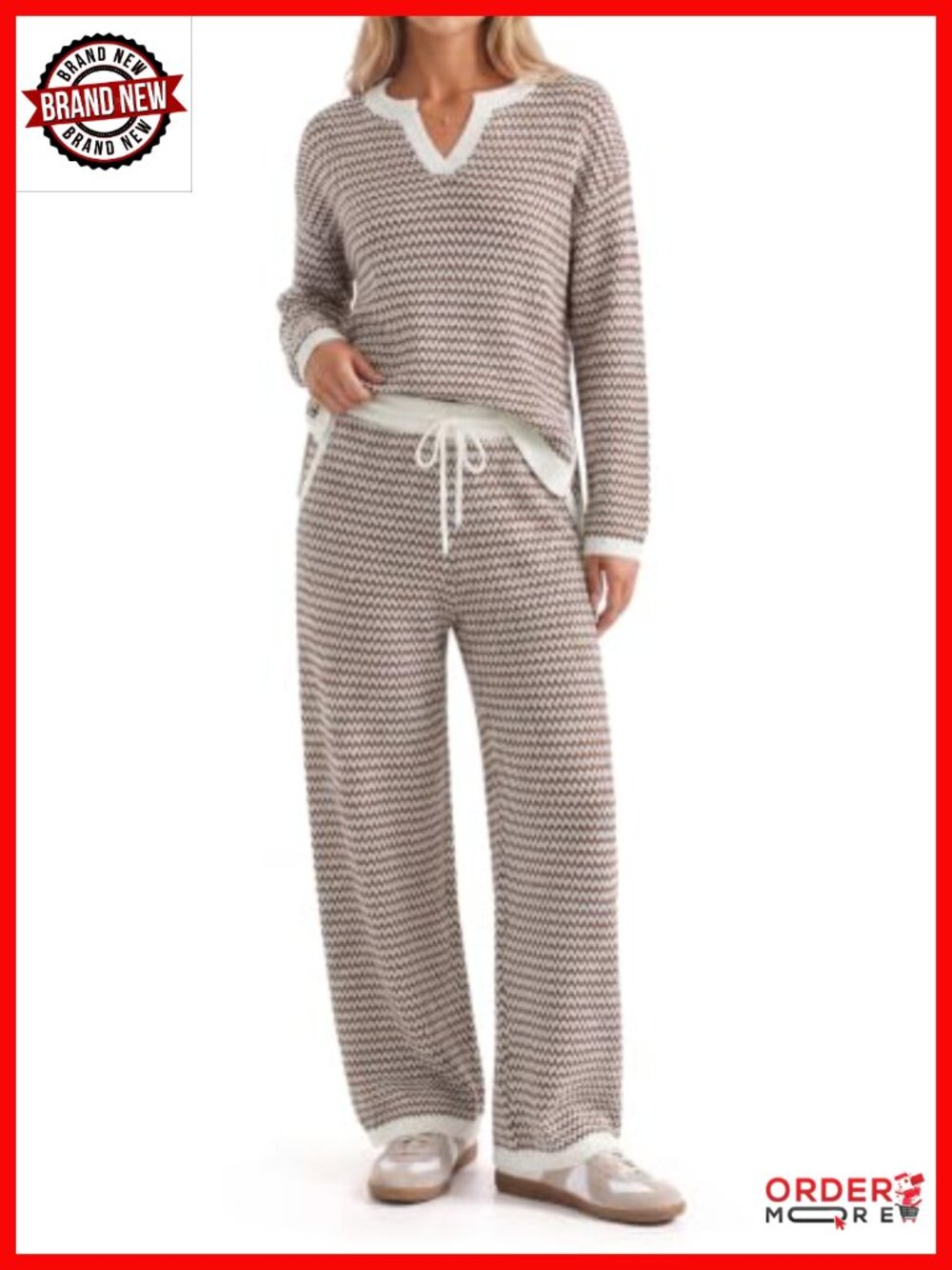 Women's Striped Knit Lounge Set Cotton Long Sleeve 2 Piece Matching Outfit